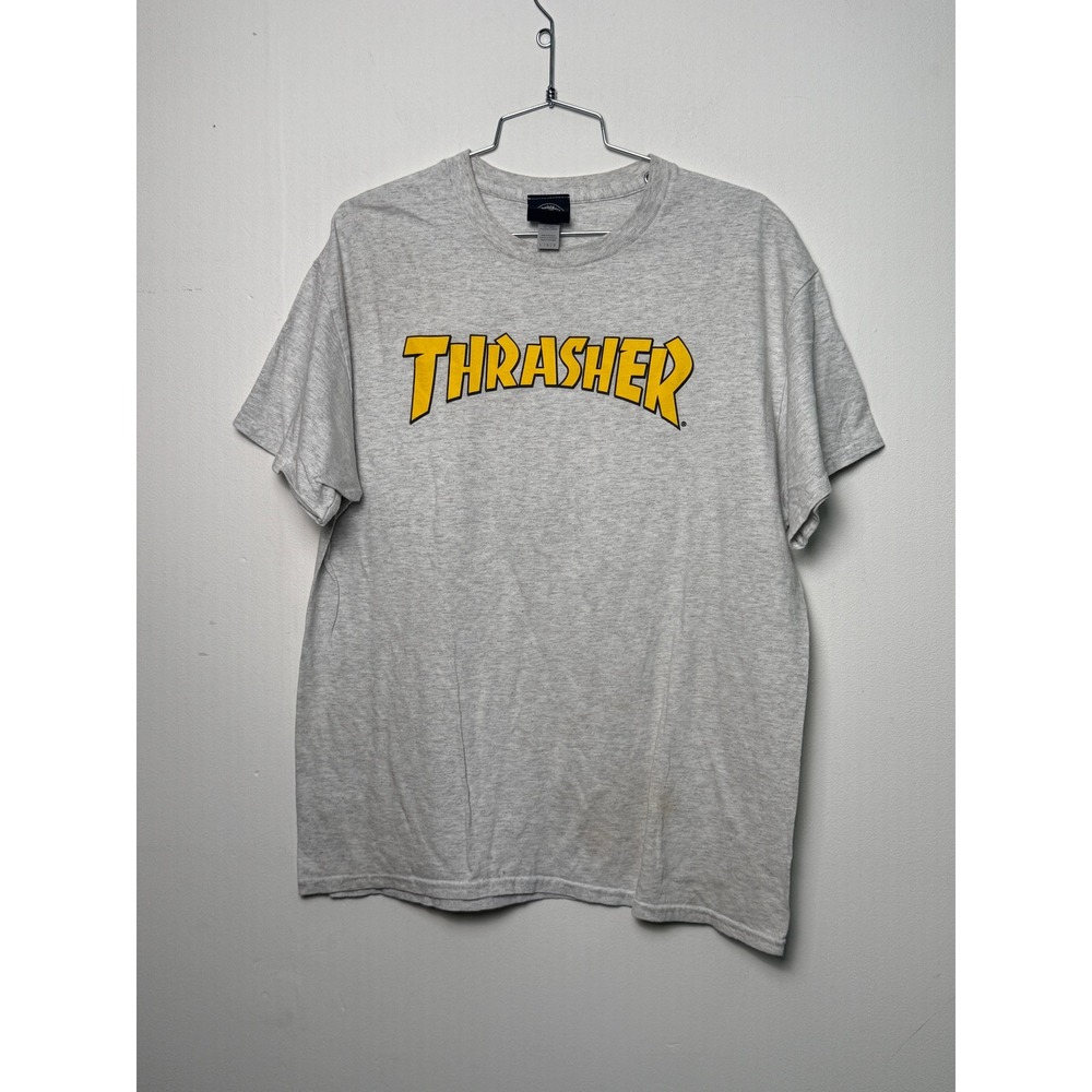 Thrasher T-Shirt Mens Large Gray Heather Yellow Arched Logo Skater tshirts